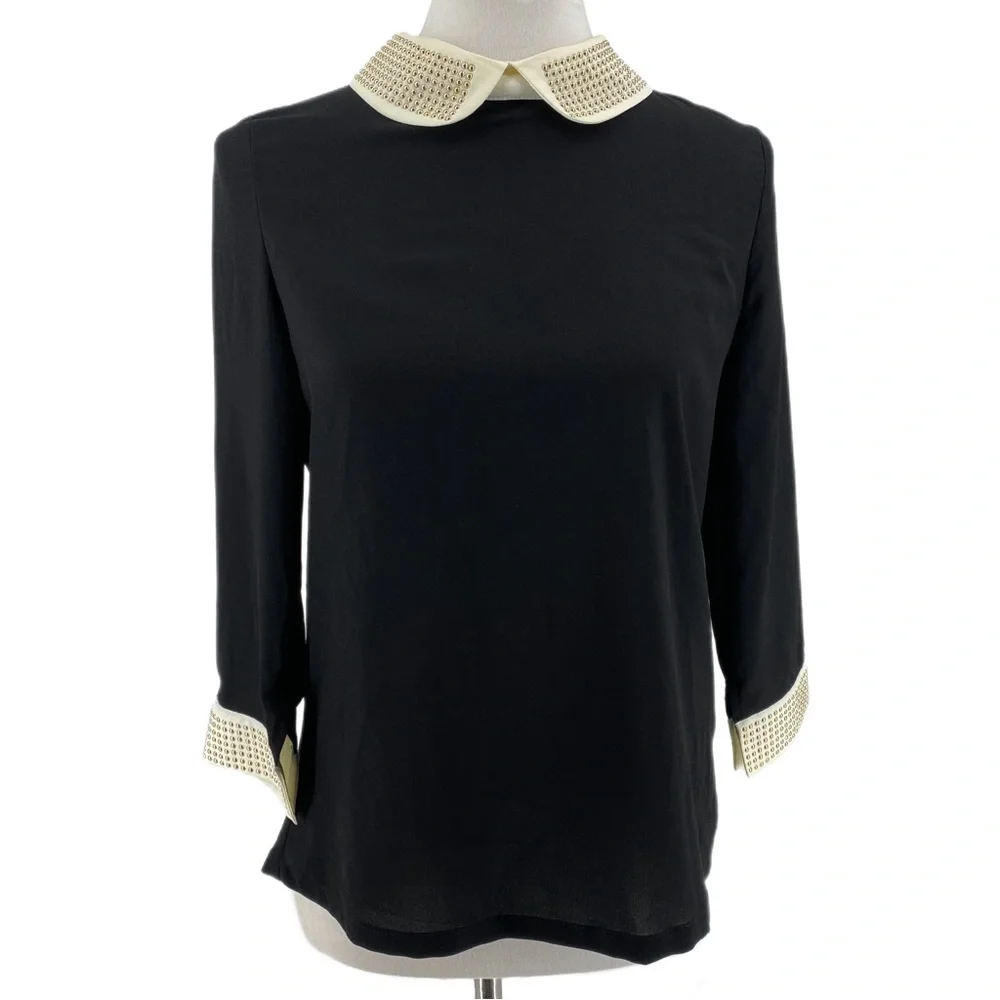I. Madeline Black & Cream Beaded Trim Long Sleeve Shirt - Picture 1 of 7